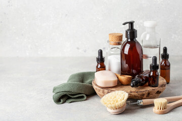 zero waste eco friendly cleaning concept. wooden brushes, baking soda, vinegar