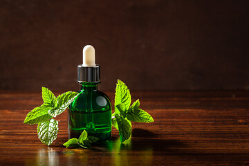 fresh mint Peppermint herb leaves and essential oil in dropper bottles © Olga Miltsova