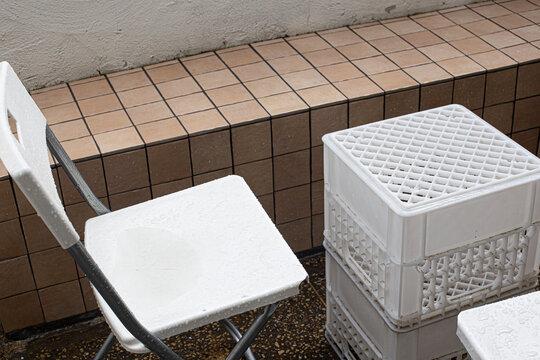 Plastic Milk Crate Table With Chair In Cafe