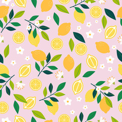 Vector citrus pattern. Lemon seamless background with lemon fruit, flowers, slices, leaves and branches. Summer fruit.  - obrazy, fototapety, plakaty