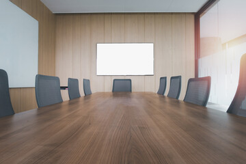 Empty no people meeting room in office. Office chair and wooden table.  