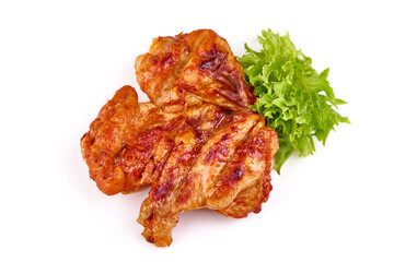 Buffalo BBQ Chicken Legs with lettuce salad leaf, isolated on white background.