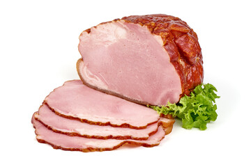 Sliced smoked pork loin, isolated on white background.