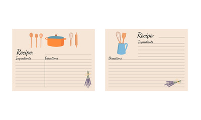 Modern Recipe card template set for cookbook. Menu Creator Vector Illustration. Pattern with Different Kitchen Utensils. Cooking Background