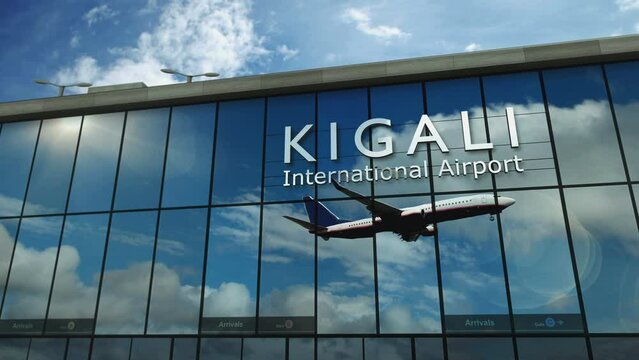 Plane landing at Kigali, Rwanda 3D. Arrival in the city with the glass airport terminal and reflection of the jet aircraft. Travel, business, tourism and transport concept.