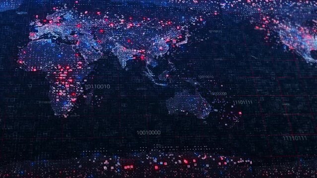 Digital animation of World map with against data processing background