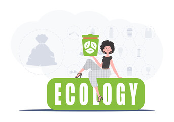 The girl sits and holds an urn in her hands. The concept of ecology and recycling. Trendy character style. Vetcor.
