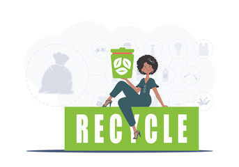 The girl sits and holds an urn in her hands. The concept of recycling and zero waste. Vector illustration Flat trendy style.