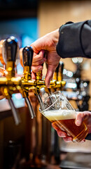 bartender's hands pour craft beer from a tap into a glass in bar