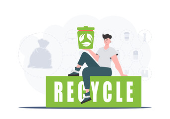 The guy sits and holds a trash can in his hand. The concept of ecology and recycling. Trendy character style. Vetcor.