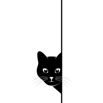 Cat is spying on you. Black cat is looking around the corner. Pet symbol. Vector illustration