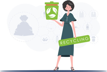 The concept of ecology and recycling. The girl is holding a trash can in her hands. Vector illustration Flat trendy style.