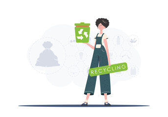 The concept of ecology and recycling. The girl is holding an urn in her hands. Vector illustration Flat trendy style.