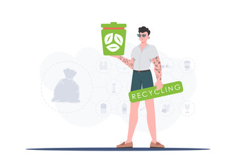 The concept of recycling and zero waste. A man holds an urn in his hands. Trendy character style. Vetcor.