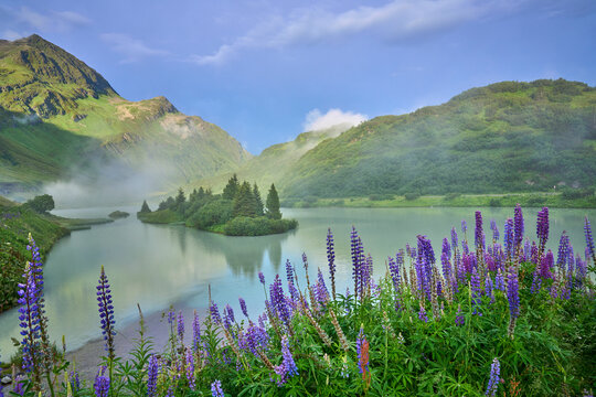 awesome landscape in dawn light at Lake Zeinissee, Silvretta montains, Vorarlberg, Austria