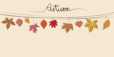 Autumn leaves decoration garland graphic. Hello Autumn concept decorative background for seasonal event, festival and graphic design elements. Vector illustration.