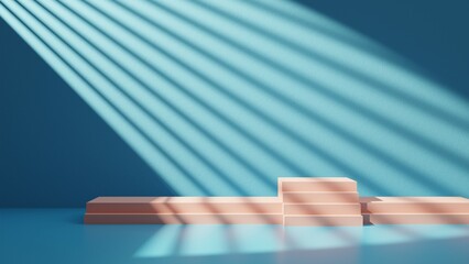 Empty podium steps, wood stairs in blue room, wall illuminated by sunlight. Simple presentation scene for product presentation. 3d render illustration