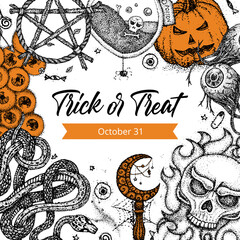 Trick Or Treat Dotwork Poster. Vector Illustration of Handdrawn Tattoo Sketch Concept.