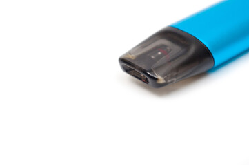 A reusable electronic cigarette with a replaceable cartridge in a blue body, photographed against a white background.