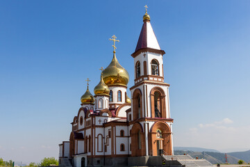 Russian New Martyrs and Confessors Church in Krasnoyarsk, Russia. Orthodox Church on a background of blue sky.