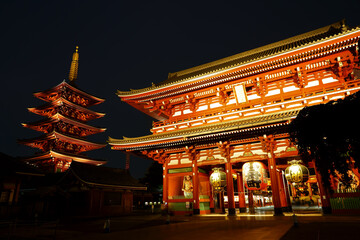 Naklejka premium ライトアップされ圧倒的な美しさを見せる浅草寺・宝蔵門と五重の塔