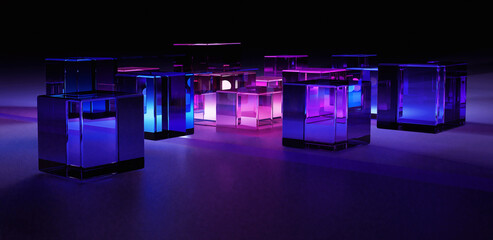 Fototapeta premium Data formation, grouping logistics concept image. Multiple blue and purple glass cubes or blocks in cluster, illuminated in dark background. 3d render, 3d illustration.