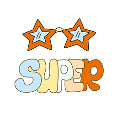 Hippie vibe poster with stars shape eye glasses. Retro 70s  vector illustration. Groovy cartoon style. Super hand draw lettering.
