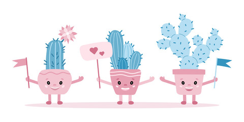 Obraz premium Cactus characters concept. Cute blue cacti with flags and a sign with hearts. Vector illustration for children and adults in cartoon style.