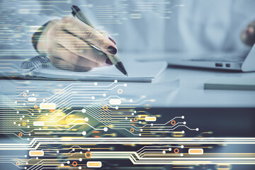 Multi exposure of woman's writing hand on background with data technology hologram. Concept of...