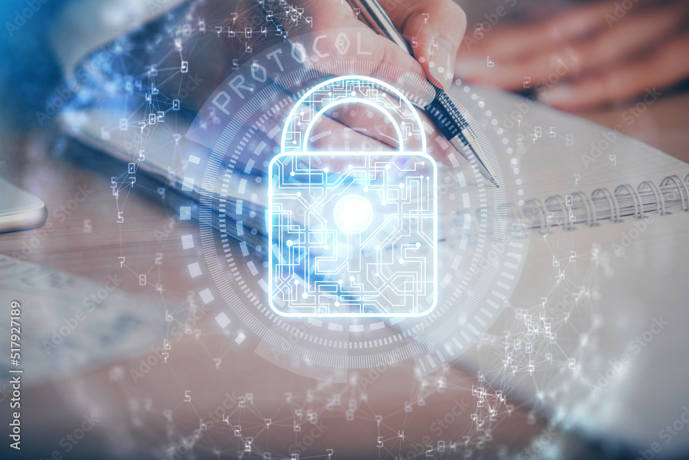 Aufkleber Double exposure of hands making notes with lock icons. Concept security and protection of data