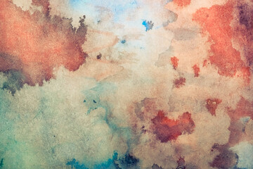 Abstract painted watercolor brown and turquoise decorative textured background with blots