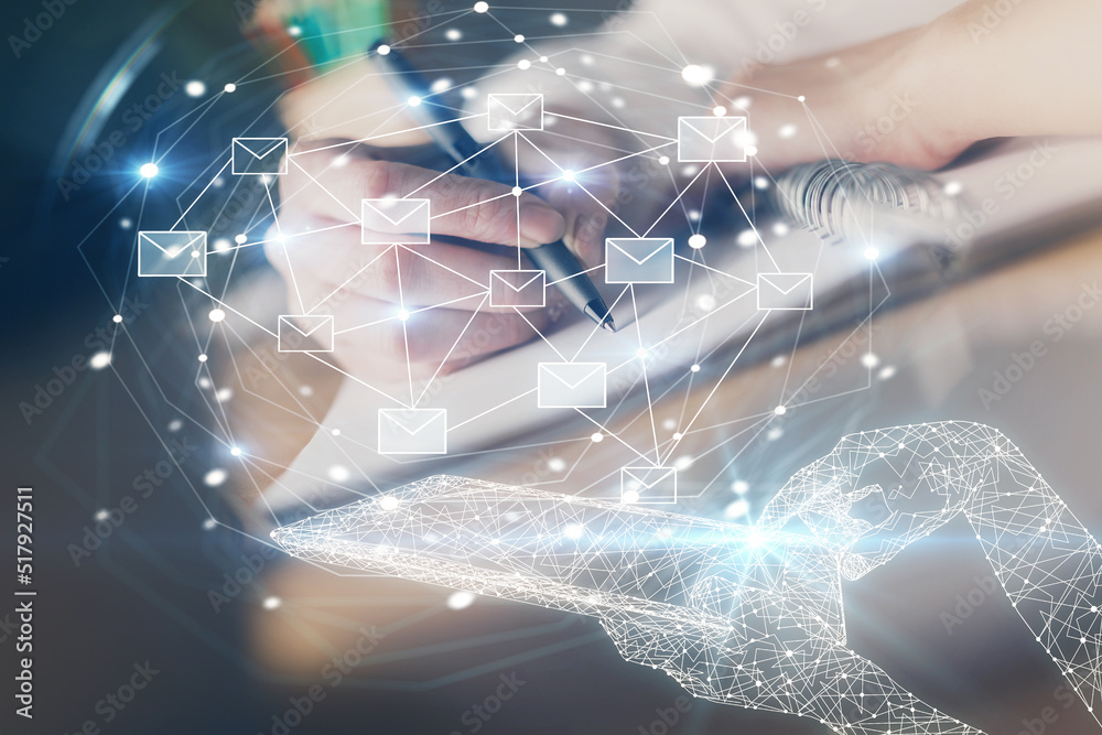 Poster E-mail abstract envelop drawing over hands taking notes background. Concept of electronic mail. Double exposure