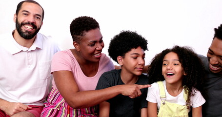 Obraz premium Family waving hello to camera speaking video conference POV