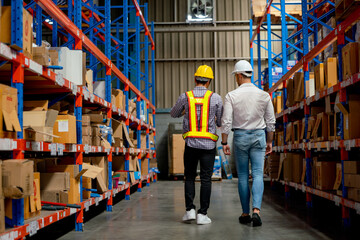 Obraz premium Back of two Asian and Caucasian warehouse workers walk and discuss on the way between shelves in workplace.