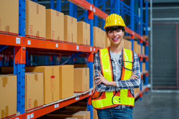 Pretty warehouse worker stand with confidence action and arm-crossed in front of shelves of product carton in workplace.