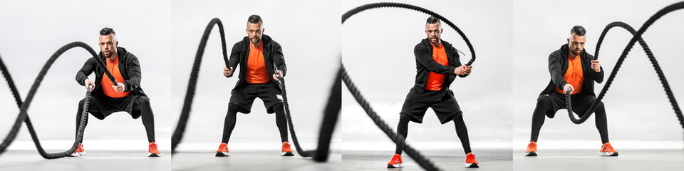 Collage. Battle rope workout for fat burning. Athletic man doing sports exercises. Collage for...