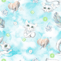 White cats and a set for needlework. Colour pencils. Seamless pattern