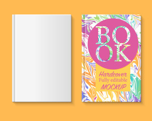 Fully editable book mockup. Book cover with rainbow marbled paper