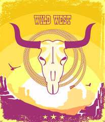 Western vintage poster background with buffalo skull and cowboy lasso. Vector wild west illustration on American desert landscape