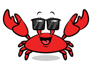 Cartoon illustration of Big Red Crab wearing sunglasses and showing its claws, best for sticker, logo, and mascot with summer themes