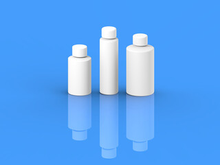 White cosmetic bottles, isolated on a blue background. Cosmetic packaging. Three containers for cosmetics. Horizontal image. 3d image. 3d rendering.