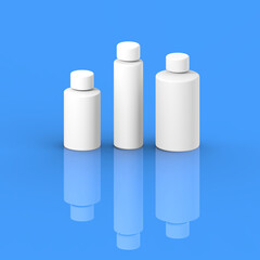 White cosmetic bottles, isolated on a blue background. Cosmetic packaging. Three containers for cosmetics. Square image. 3d image. 3d rendering.