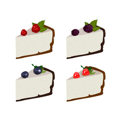 Set of cheesecake slices with different toppings - fresh cherries, raspberries , blackberries and blueberries. Vector illustration.
