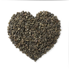  Dried Gunpowder tea leaves in hearts shape close up isolated on white background