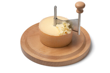 Traditional Swiss Tête de Moine AOP and a rosette at a girolle isolated on white background