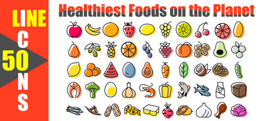 Healthy food line icons set on white background vector illustration. Multicolored linear icons for healthy food in flat style. Stock vector line style.
