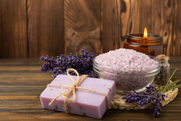 Lavender spa. Sea salt, lavender flowers and handmade soap. Natural herbal cosmetics with lavender...