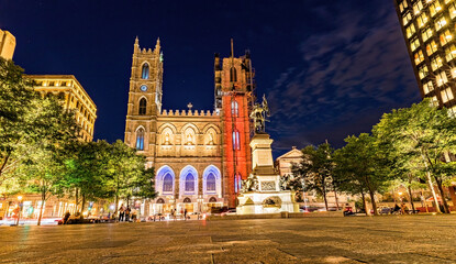 Night long exposure view of the Notre Dame de Montreal cathedral, Quebec, Canada