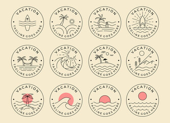 set of ocean summer vacation minimalist line art logo badge template vector illustration design