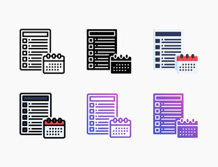 Schedule icon set with different styles. Style line, outline, flat, glyph, color, gradient. Editable stroke and pixel perfect. Can be used for digital product, presentation, print design and more.